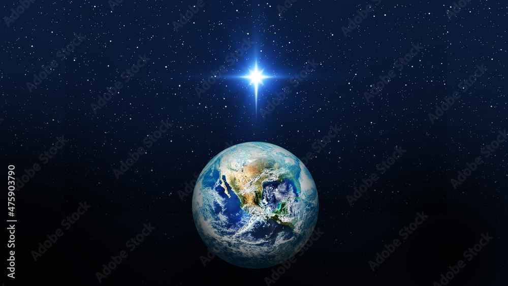 Bright star over planet earth. Christmas star of the Nativity of Bethlehem, Nativity of Jesus Christ. Elements of this image furnished by NASA