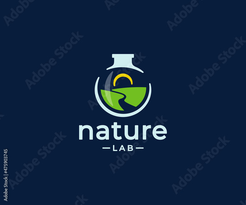 Nature laboratory logo design. Lab glassware with landscape vector design. Environment science and medicine logotype