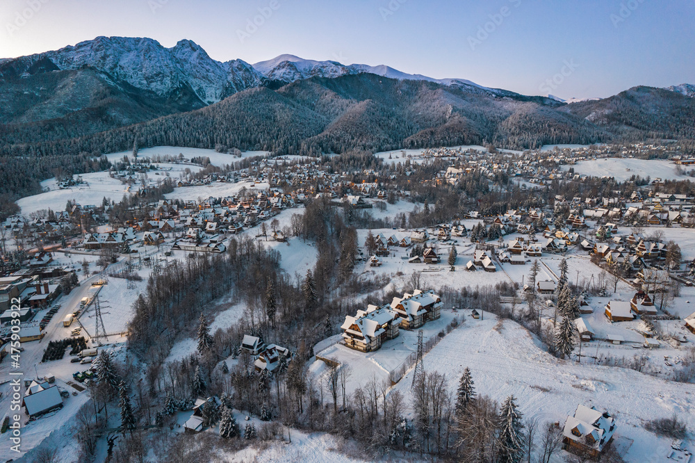 Zakopane Cityscape in Winter with Giewont Mountain. Drone View