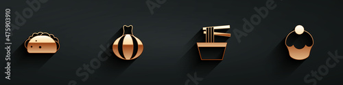 Set Taco with tortilla, Onion, Asian noodles in bowl and Muffin icon with long shadow. Vector