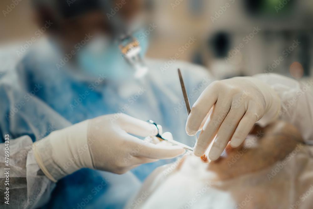 hands of a surgeon with surgical instruments, work with an assistant in the operating room.