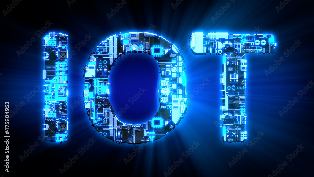 IOT shining blue digital cyber text, isolated - industrial 3D illustration IOT shining blue digital cyber text, isolated - industrial 3D illustration