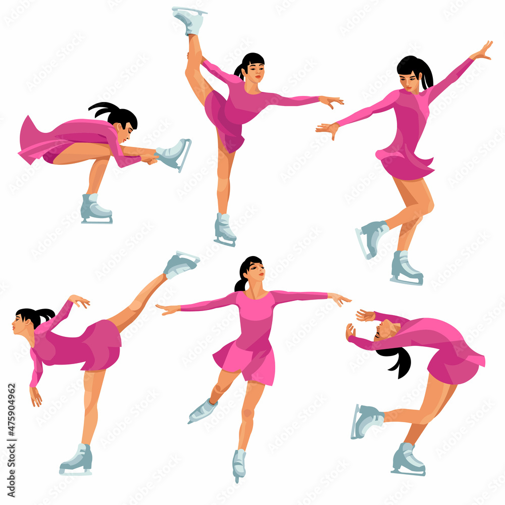Vector isolated figures of a dancing Asian figure skater in a competition dress