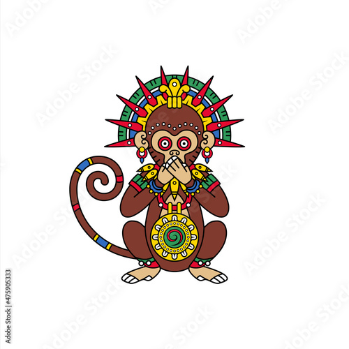 Graphic print of stylized monkey on white background. Aztec monkey. Native american art.