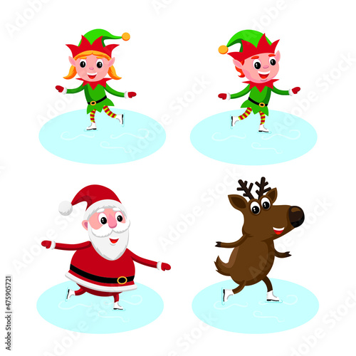 Cute cartoon style illustration set of ice skating Christmas characters