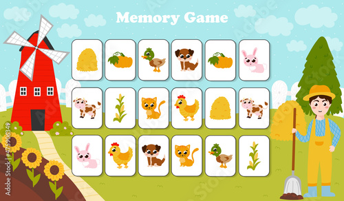 Memory game for kids with farm themed cards in cartoon style with haystacks, animals and farmer boy digging
