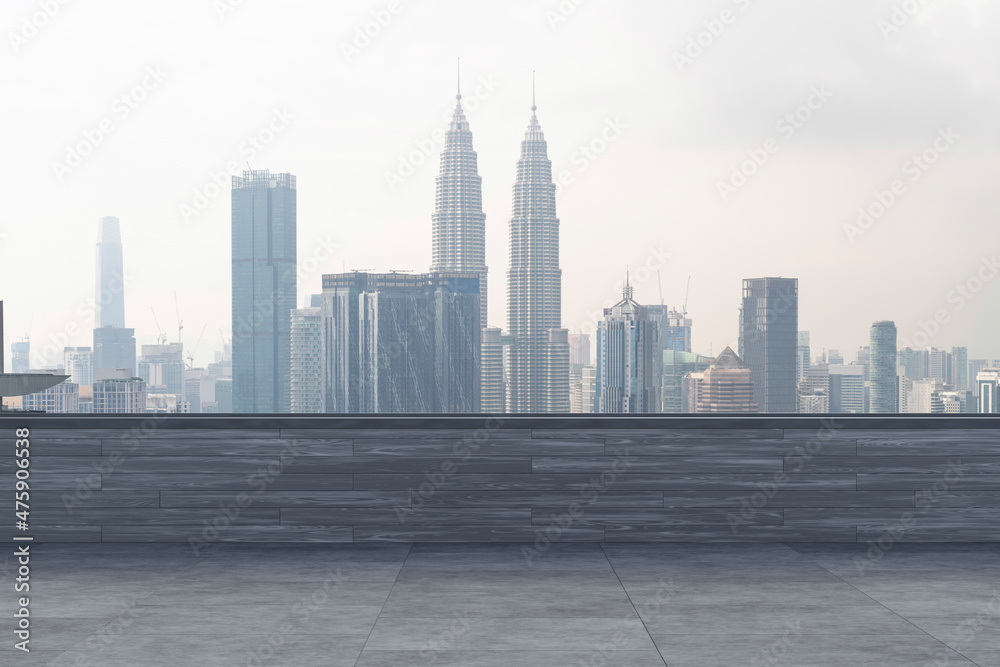 Panoramic Kuala Lumpur skyline view, concrete observatory deck on rooftop, daytime. Asian corporate and residential lifestyle. Financial city downtown, real estate. Product display mockup empty roof