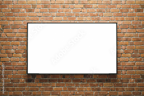 3D render. Mockup of a vertical blank advertising poster or screen on bricks wall. Easy to edit