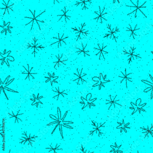 Hand Drawn Snowflakes Christmas Seamless Pattern. Subtle Flying Snow Flakes on chalk snowflakes Background. Actual chalk handdrawn snow overlay. Artistic holiday season decoration.