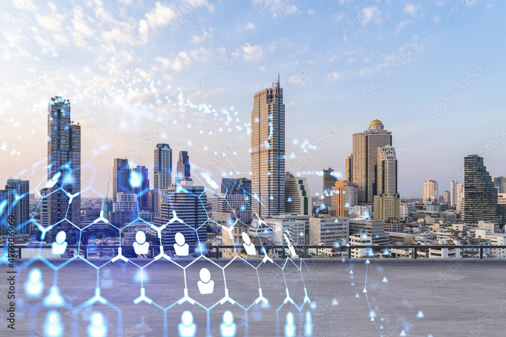 Rooftop with concrete terrace, Bangkok sunset skyline. Recruitment ...