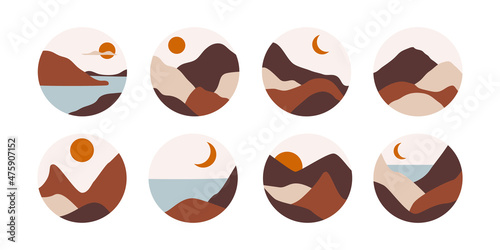 Vector abstract landscapes set. Modern nature shapes for social media highlight covers with desert sun moon mountains. 