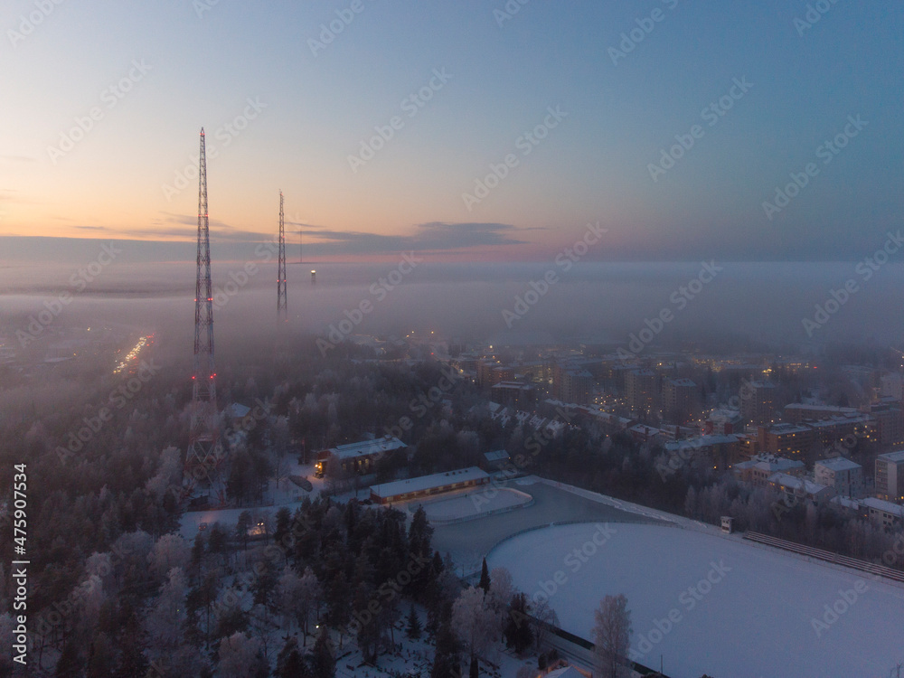 City of Lahti in Finland.  Drone view over freezing city.