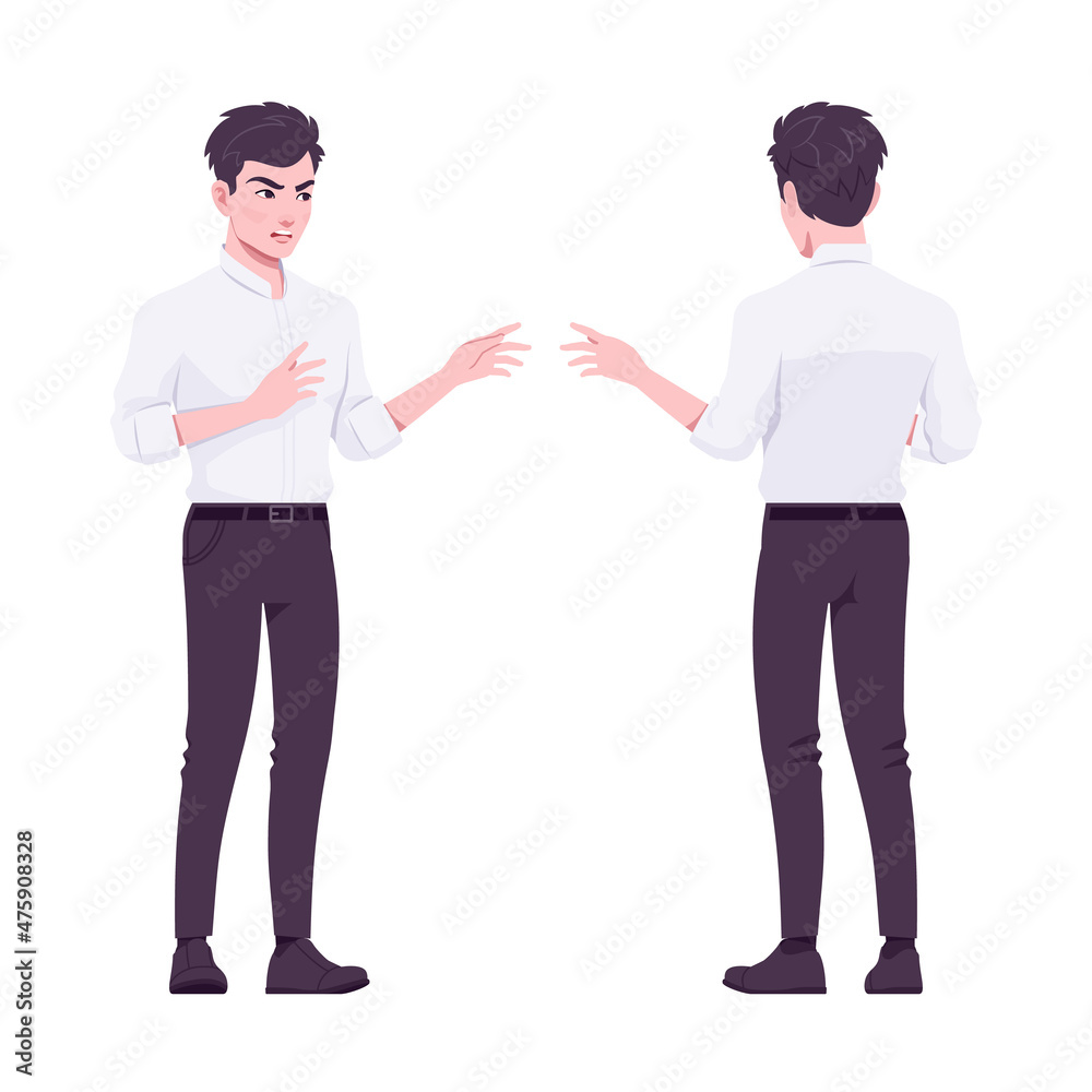 Office boy, modern man standing talking hand gesturing. Handsome male assistant business manager in formal clothes. Vector flat style cartoon illustration isolated, white background, front, rear view
