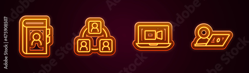 Set line Phone book, Meeting, Video chat conference and . Glowing neon icon. Vector