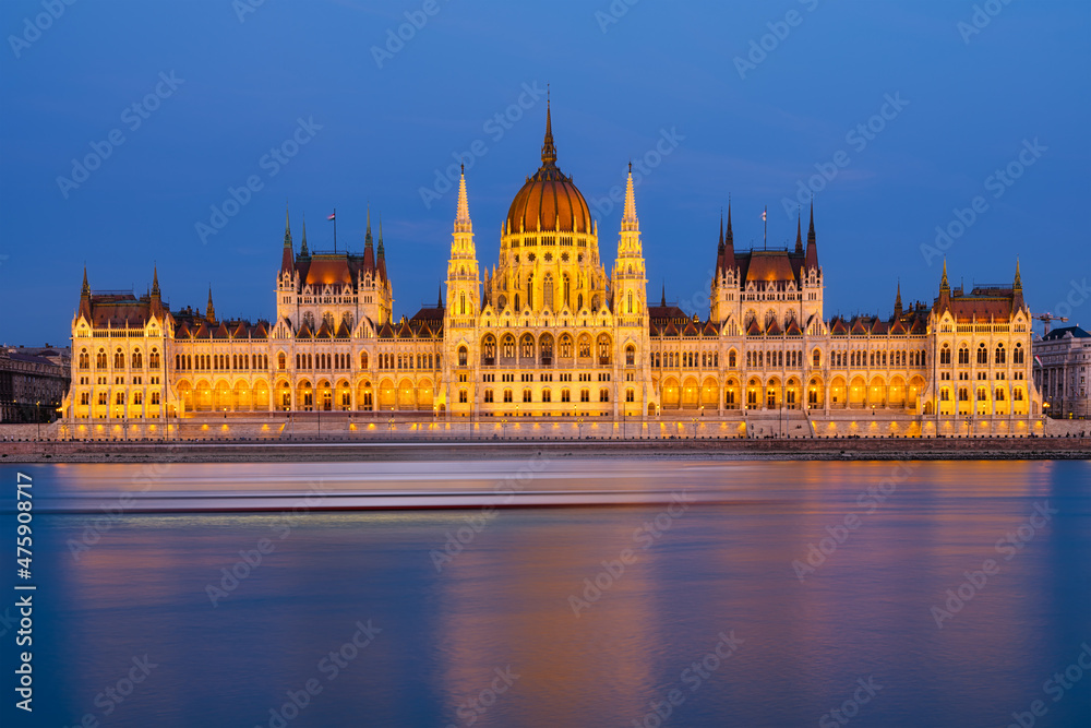 Parliament building in Budapest, Hungary. Parliament and reflections in the Danube River.