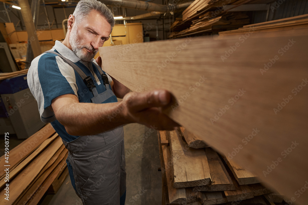 Portrait of serious joiner looking at plank