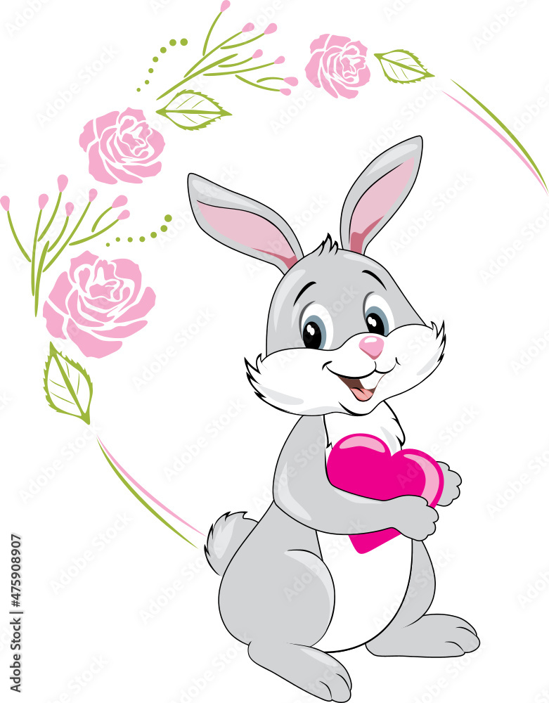 Fototapeta premium Smiling rabbit with pink heart in festive floral frame