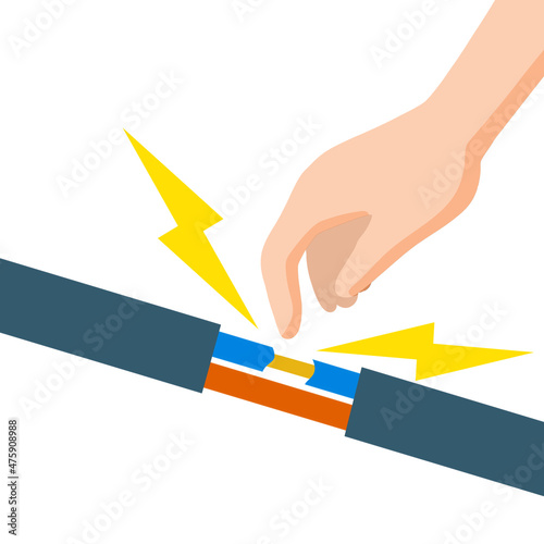 Electric shock and short circuit. Safety precautions. Hand touches bare wire. High voltage. Dangerous situation. Damaged Electrical wire. Spark in outlet