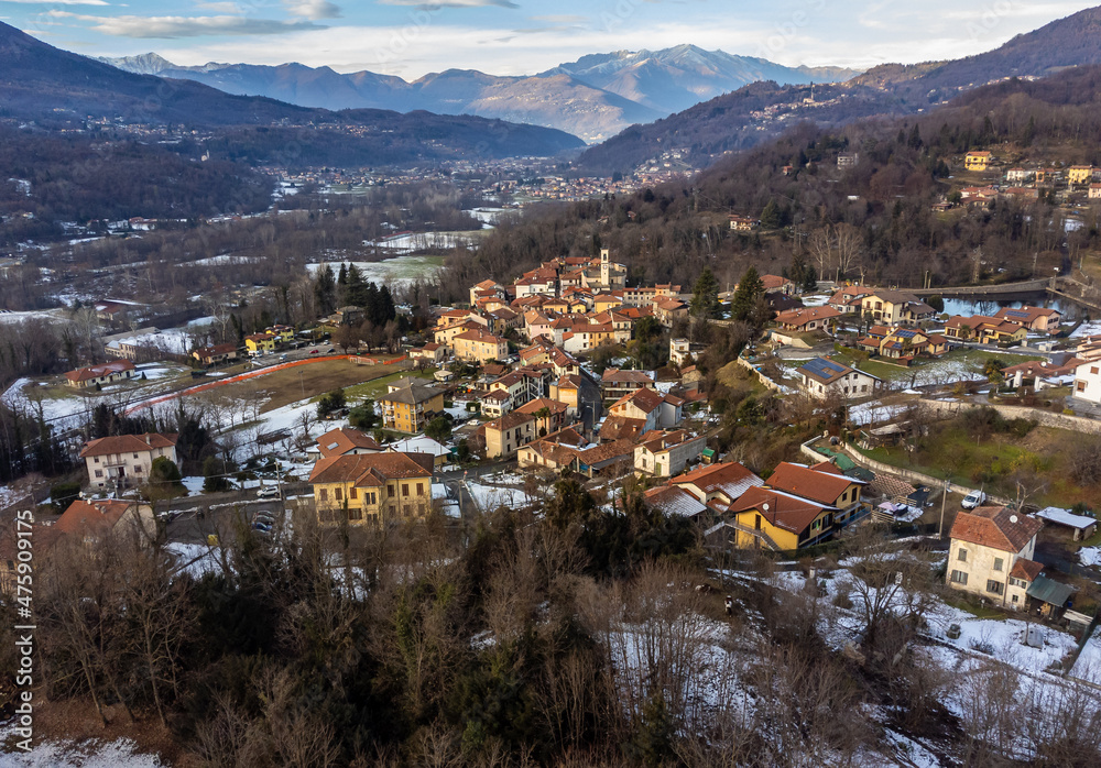 Aerial view of small Italian village Ferrera di Varese at winter time, situated in province of Varese, Lombardy, Italy