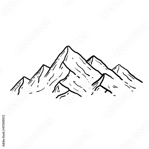 Mountains in engraving style. Nature landscape of highlands. Hand drawn design. Rocky ridge.