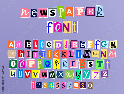 Vector illustration of colorful alphabet with lowercase and uppercase letters and numbers made in newspaper style isolated on purple background