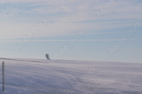 Winter snowy rolling landscape in the Czech Republic - in Europe. Blue sky with white clouds.