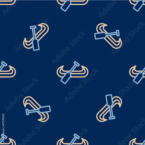 Line Kayak and paddle icon isolated seamless pattern on blue background. Kayak and canoe for fishing and tourism. Outdoor activities. Vector