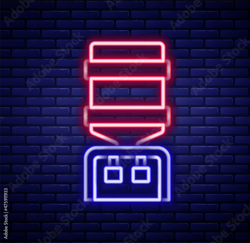 Glowing neon line Water cooler for office and home icon isolated on brick wall background. Water dispenser. Bottle office, plastic and liquid. Colorful outline concept. Vector