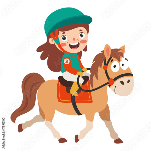 Cartoon Illustration Of A Kid Riding Horse