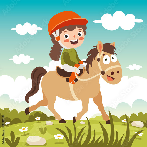 Cartoon Illustration Of A Kid Riding Horse