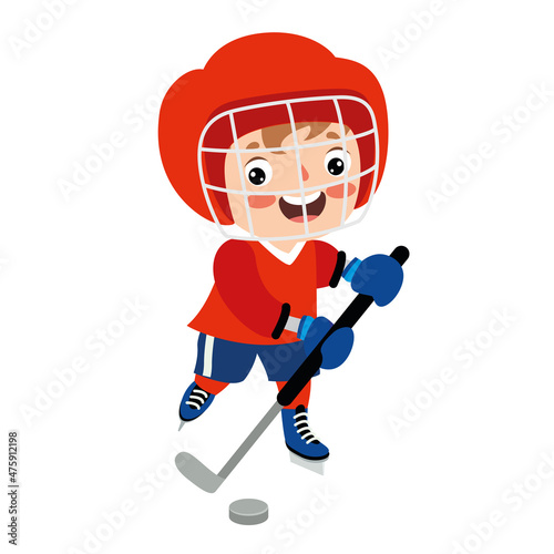 Cartoon Illustration Of A Kid Playing Ice Hockey