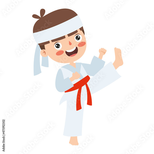 Cartoon Illustration Of A Kid Playing Karate