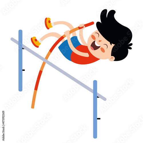 Cartoon Illustration Of A Kid Playing Pole Vault