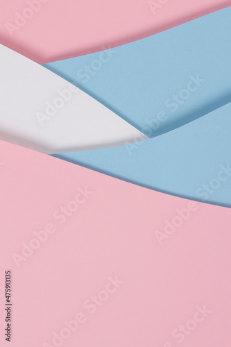 Abstract geometric pastel colors paper texture banner background with light blue, pink and white color shapes and curved lines