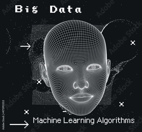 3D low poly wireframe model of a human head with pixel artifacts. Conceptual image of AI (artificial intelligence), VR (virtual reality), Deep Learning and Face recognition systems.