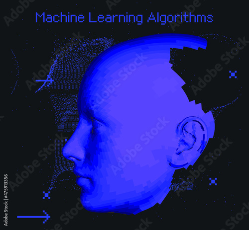 3D low poly wireframe model of a human head with pixel artifacts. Conceptual image of AI (artificial intelligence), VR (virtual reality), Deep Learning and Face recognition systems.