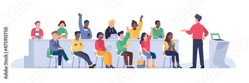 Student lecture hall. University auditorium with teacher back and students front view  course participants  higher education  young people in college vector cartoon flat isolated concept