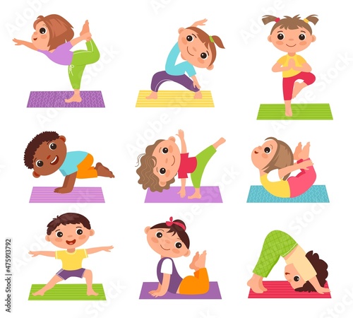 Kids yoga. Little children in stretching poses, sport and health, fitness and meditation, cute girls and boys in different poses, young athletes healthy lifestyle, vector cartoon flat isolated set