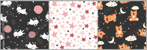 A set of seamless pattern of funny funny bunnies and tigers in space. Planets, rabbits, stars, clouds, comets in the dark night sky. Children's print with animals. Vector graphics.