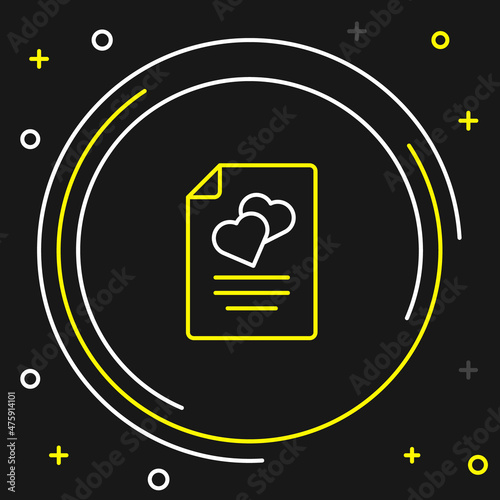 Line Marriage contract icon isolated on black background. Wedding certificate. Colorful outline concept. Vector