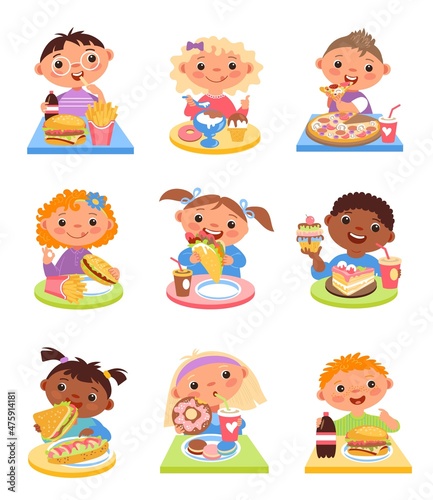 Children eat. Happy kids have breakfast  cartoon cute girls and boys dine at tables  fast food and sweet dessert. Burger  pizza and sandwich  everyday nutrition  vector cartoon flat set