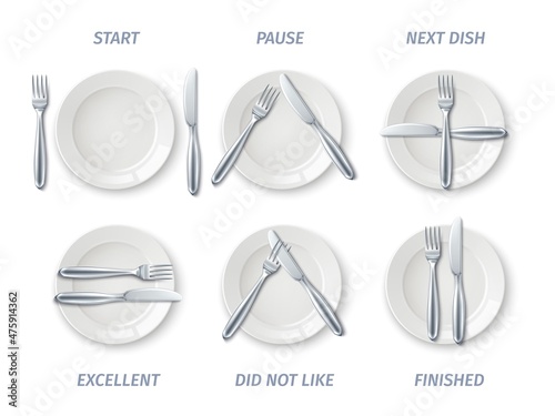 Restaurant dining etiquette. Different realistic plates and tableware positions, signaling for waiter, 3d steel knives, forks and white ceramic dishes, restaurant and cafes rules vector set