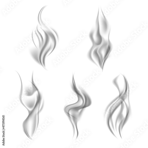 Black smoke. Vertical transparent dark flows, mist jets, hot drinks vapors, cigarettes smokes, grey curled steam fog or mist effect, evaporation particles, vector isolated set