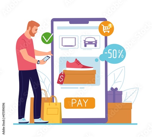Shopping online. Buyer standing with huge smartphone, pays for purchases using mobile application, internet ordering, big sale and discount, vector cartoon flat style isolated concept