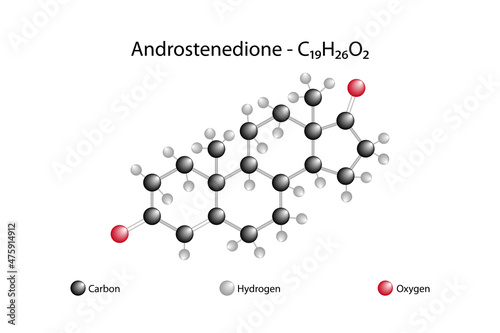 Molecular formula of androstenedione. Androstenedione is a weak androgen steroid hormone and is an intermediate in the biosynthesis of estrone and testosterone from dehydroepiandrosterone. photo