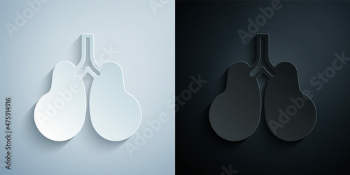 Paper cut Lungs icon isolated on grey and black background. Paper art style. Vector
