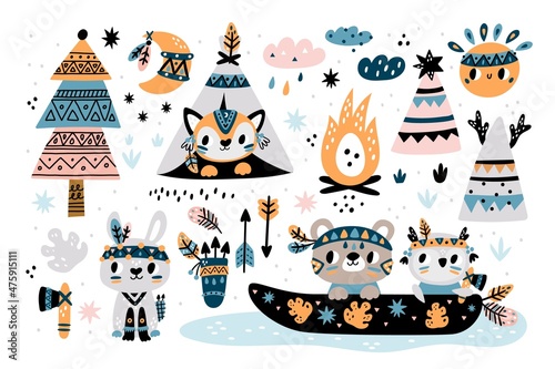 Cute indian elements. Funny little woodland animals with tribal paint on faces, patterned baby bunny, owl and fox. Native wigwam and canoe, childish collection vector cartoon isolated set