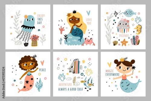 Cute mermaids cards. Little funny marine girls, underwater life postcard, ocean magic creations party, sea or ocean fishes and animals childish prints, vector isolated cartoon posters
