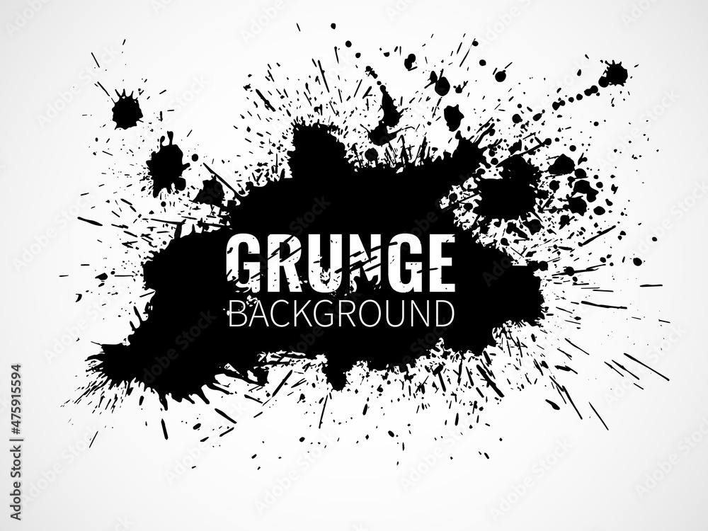 Grunge ink background. Black blob with inscription in center, monochrome splashes silhouette, artistic paint spot , dirty stain shapes silhouette with copy space, vector abstract poster Grunge ink background. Black blob with inscription in center, monochrome splashes silhouette, artistic paint spot , dirty stain shapes silhouette with copy space, vector abstract poster