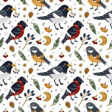 Seamless pattern winter birds. Cute christmas bluebirds, magpies and bullfinches with various twigs, berries and cones, forest backdrop. Decor textile, wrapping paper wallpaper, vector print